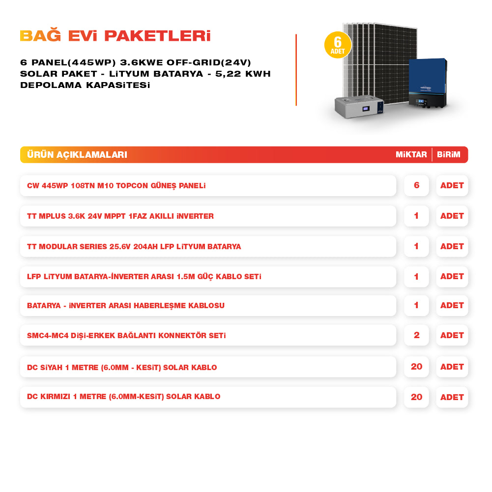6 Panel(445Wp) 3.6kWe Off-Grid(24V) Solar Paket - Lityum Batarya - 5,22 kWh Depolama Kapasitesi