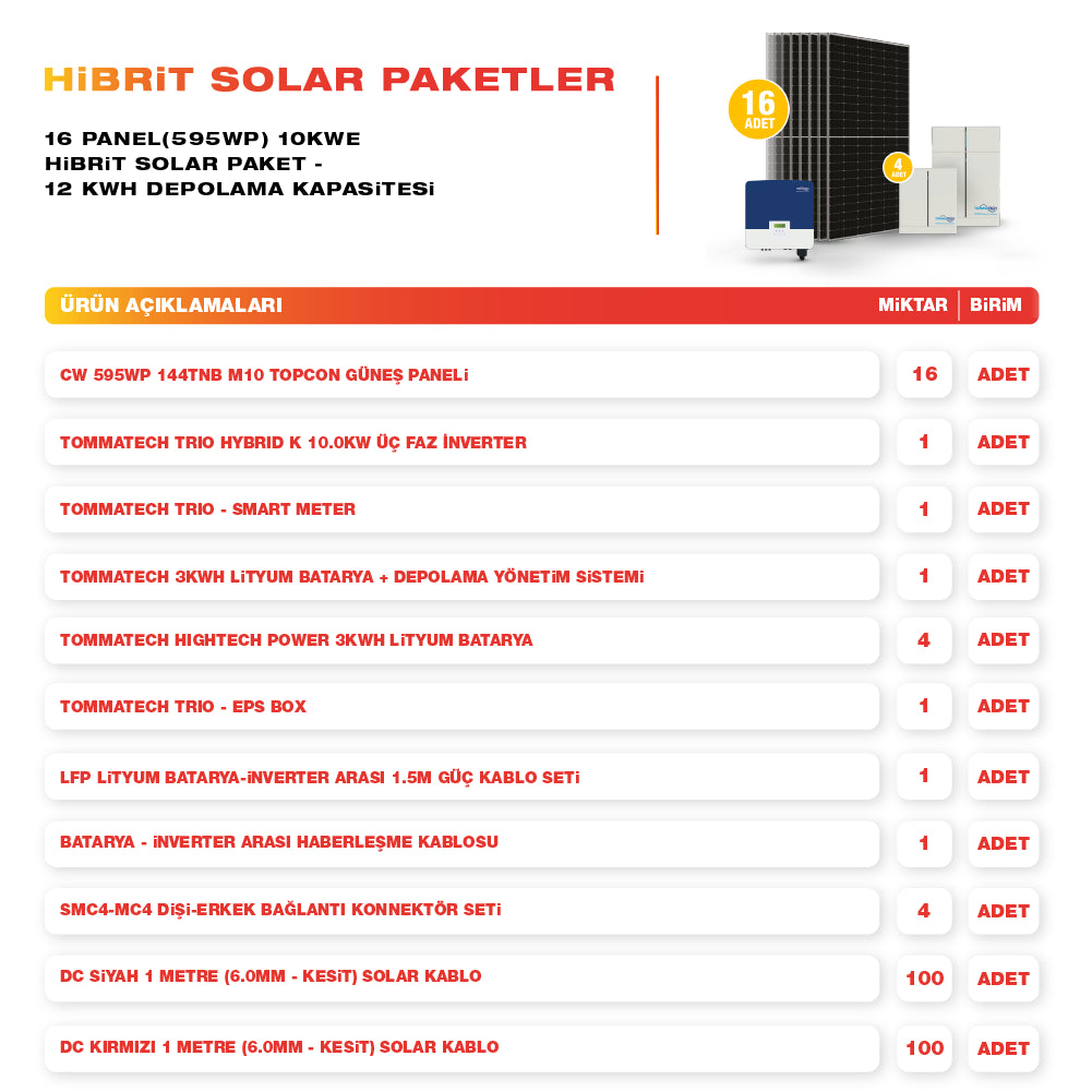 16 Panel(595Wp) 10kWe Hibrit Solar Paket - 12 kWh Depolama Kapasitesi